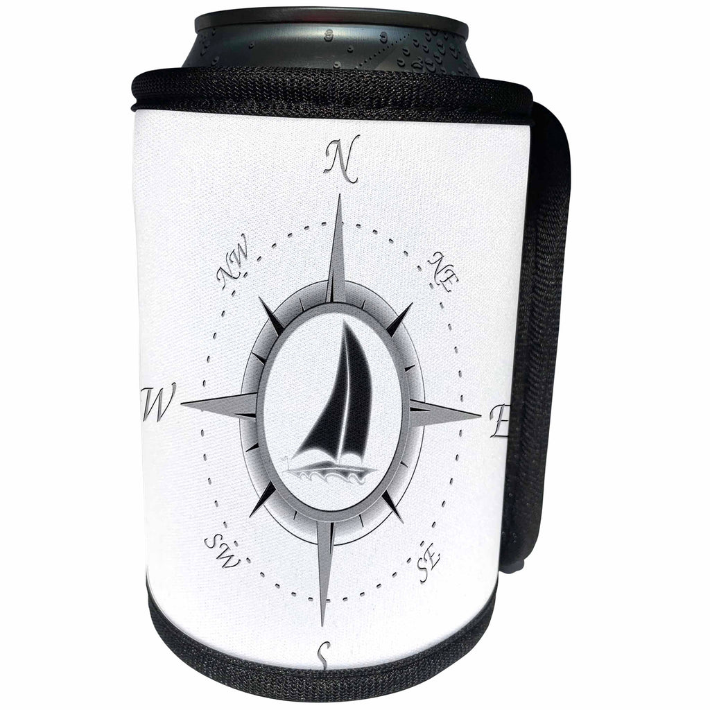 3dRose MacDonald Creative Studios – Nautical - A nautical compass rose design with a sailboat in the center. - Can Cooler Bottle Wrap (cc_291857)