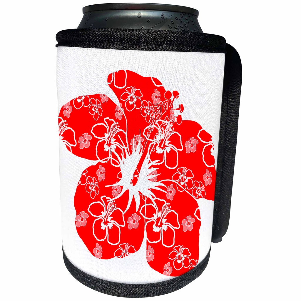 3dRose MacDonald Creative Studios – Hawaii - A red tropical hibiscus flower with a Hawaiian pattern of flowers. - Can Cooler Bottle Wrap (cc_291863)