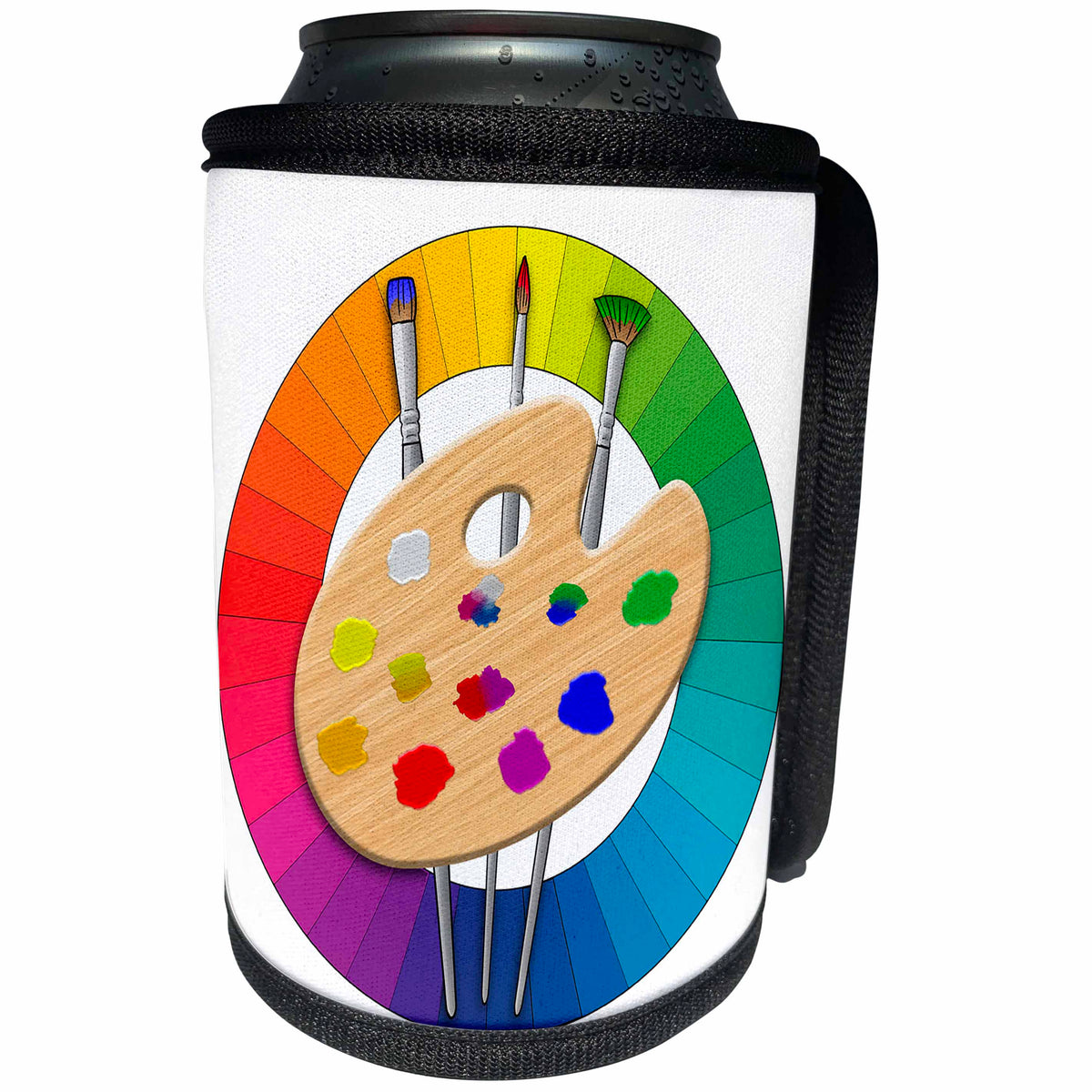 3dRose Macdonald Creative Studios – Artist - an Artist Painting Palette with Brushes and a Color Wheel for Artist. - Can Cooler Bottle Wrap (cc_291864)