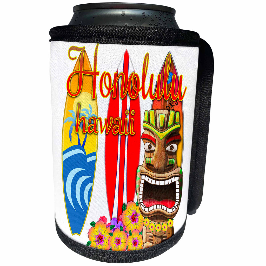 3dRose MacDonald Creative Studios – Hawaii - Cute Honolulu Hawaii with a Tiki statue, surfboards, and flowers. - Can Cooler Bottle Wrap (cc_291879)