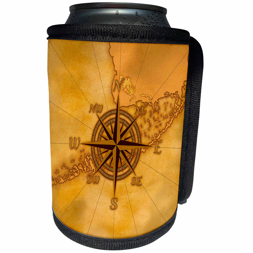 3dRose MacDonald Creative Studios – Nautical - A classic compass rose over a vintage nautical map of the Florida Keys - Can Cooler Bottle Wrap (cc_291883)