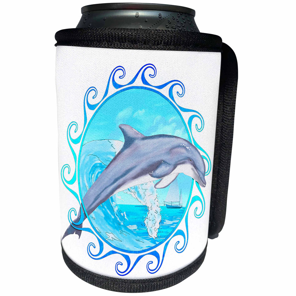 3dRose MacDonald Creative Studios – Marine Animals - A bottlenose dolphin jumping out of the water in a Maori Sun symbol. - Can Cooler Bottle Wrap (cc_291893)
