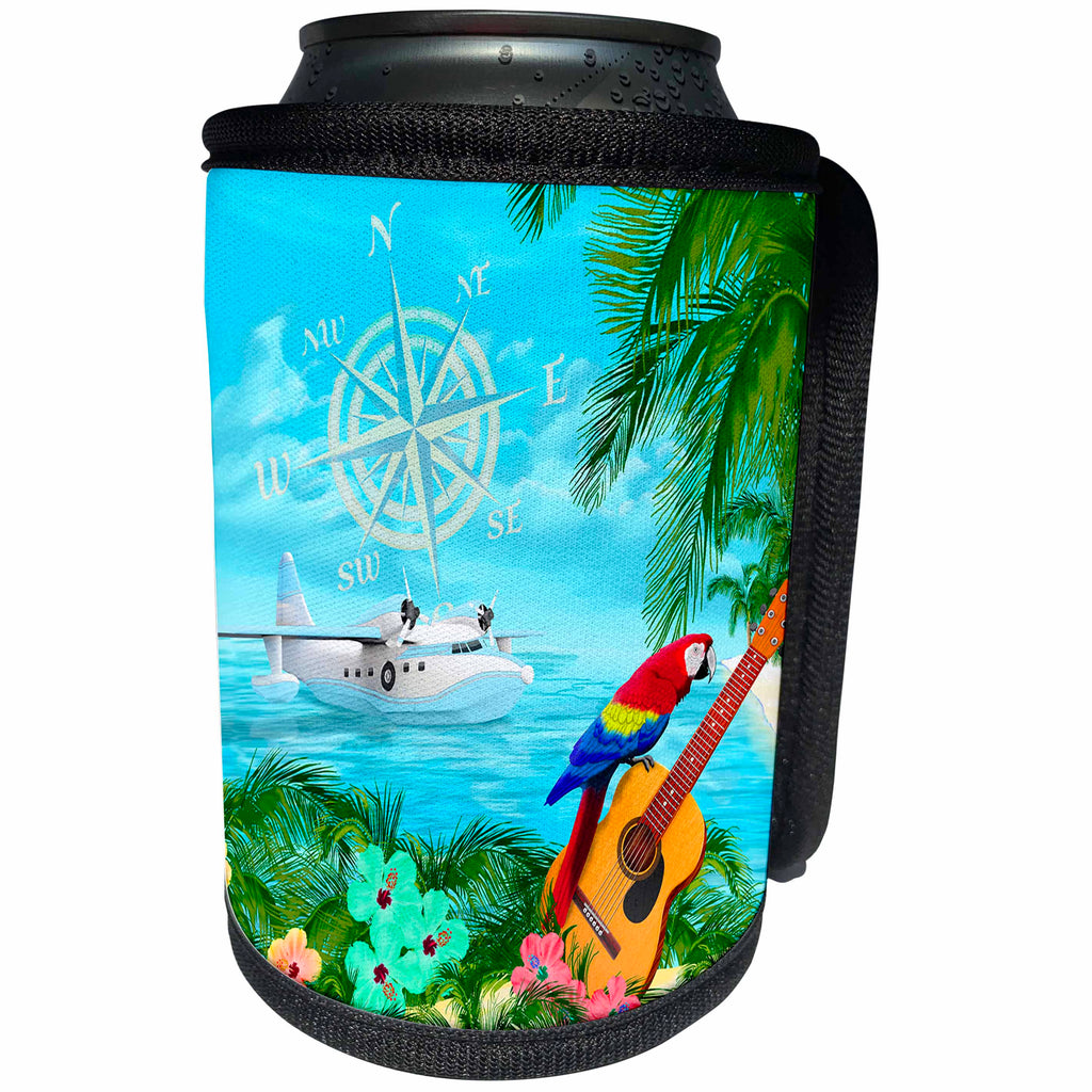 3dRose MacDonald Creative Studios – Islands - Trop rock island music design with a sea plane. - Can Cooler Bottle Wrap (cc_291896)