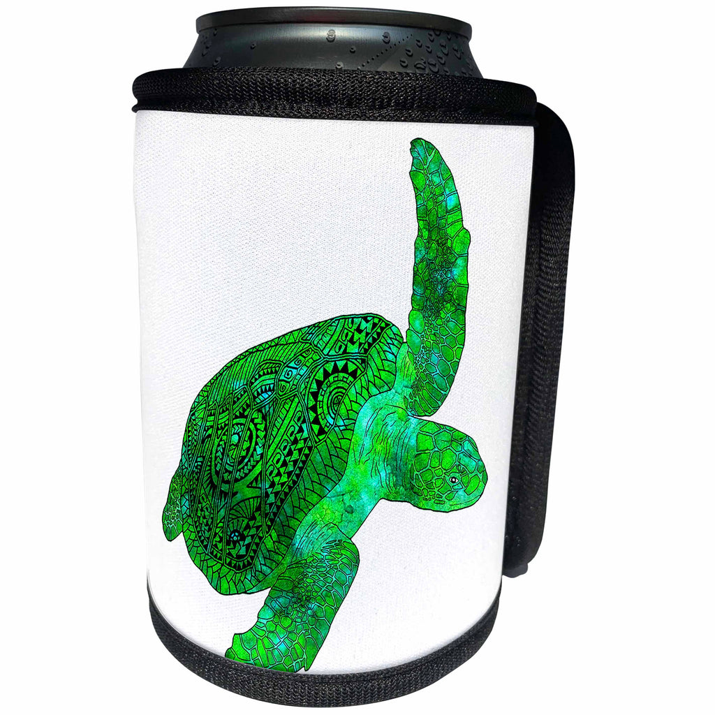 3dRose MacDonald Creative Studios – Tribal Animals - Polynesian tribal artwork on a green sea turtle. - Can Cooler Bottle Wrap (cc_291906)