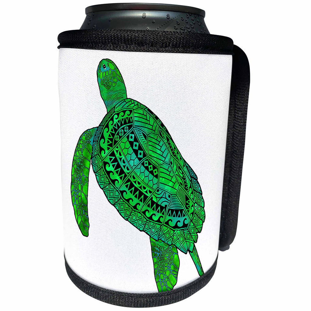3dRose MacDonald Creative Studios – Tribal Animals - Polynesian tribal artwork on a green sea turtle. - Can Cooler Bottle Wrap (cc_291907)