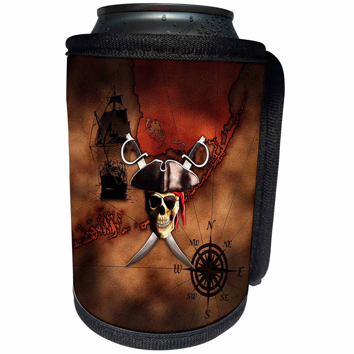3dRose MacDonald Creative Studios – Nautical - Pirate skull and crossed swords over a nautical pirate map. - Can Cooler Bottle Wrap (cc_291908)