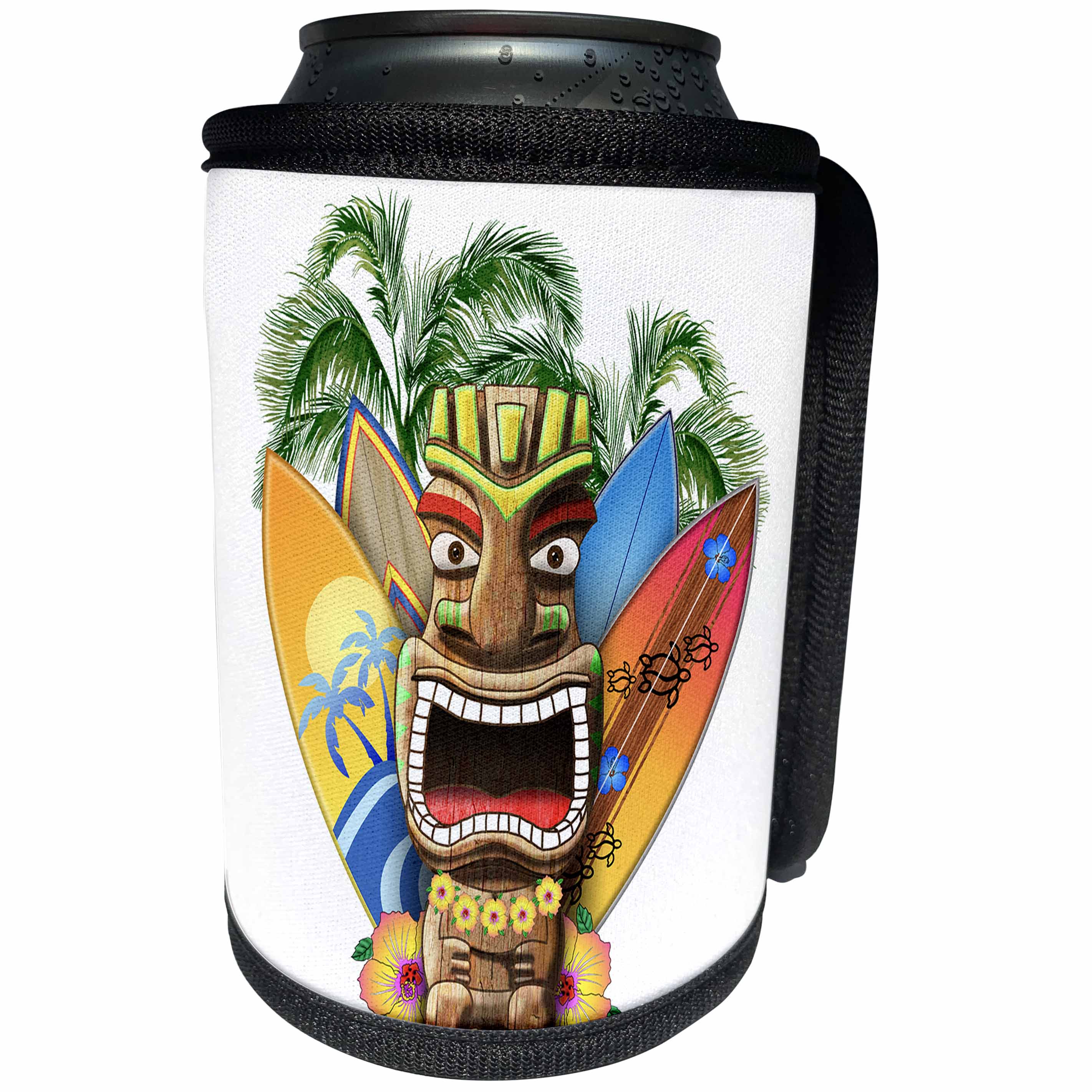 3dRose MacDonald Creative Studios – Hawaii - Hawaiian Tiki statue and surfboards for anyone who love the islands. - Can Cooler Bottle Wrap (cc_291909)