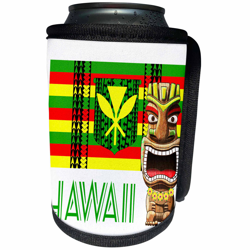 3dRose MacDonald Creative Studios – Hawaii - Hawaiian Tiki statue and a tribal styled Kanaka Maoli Hawaiian flag. - Can Cooler Bottle Wrap (cc_291911)