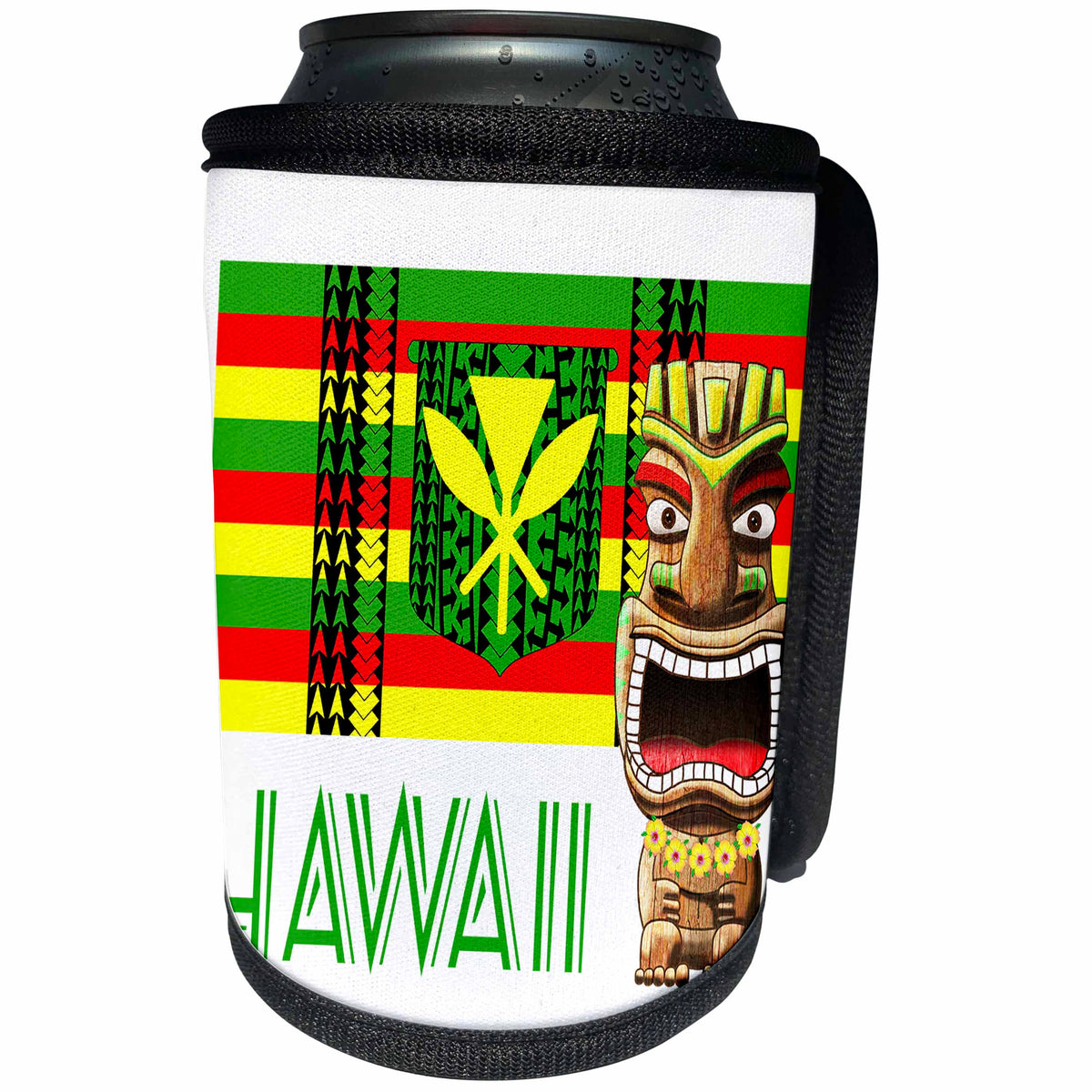 3dRose MacDonald Creative Studios – Hawaii - Hawaiian Tiki statue and a tribal styled Kanaka Maoli Hawaiian flag. - Can Cooler Bottle Wrap (cc_291911)