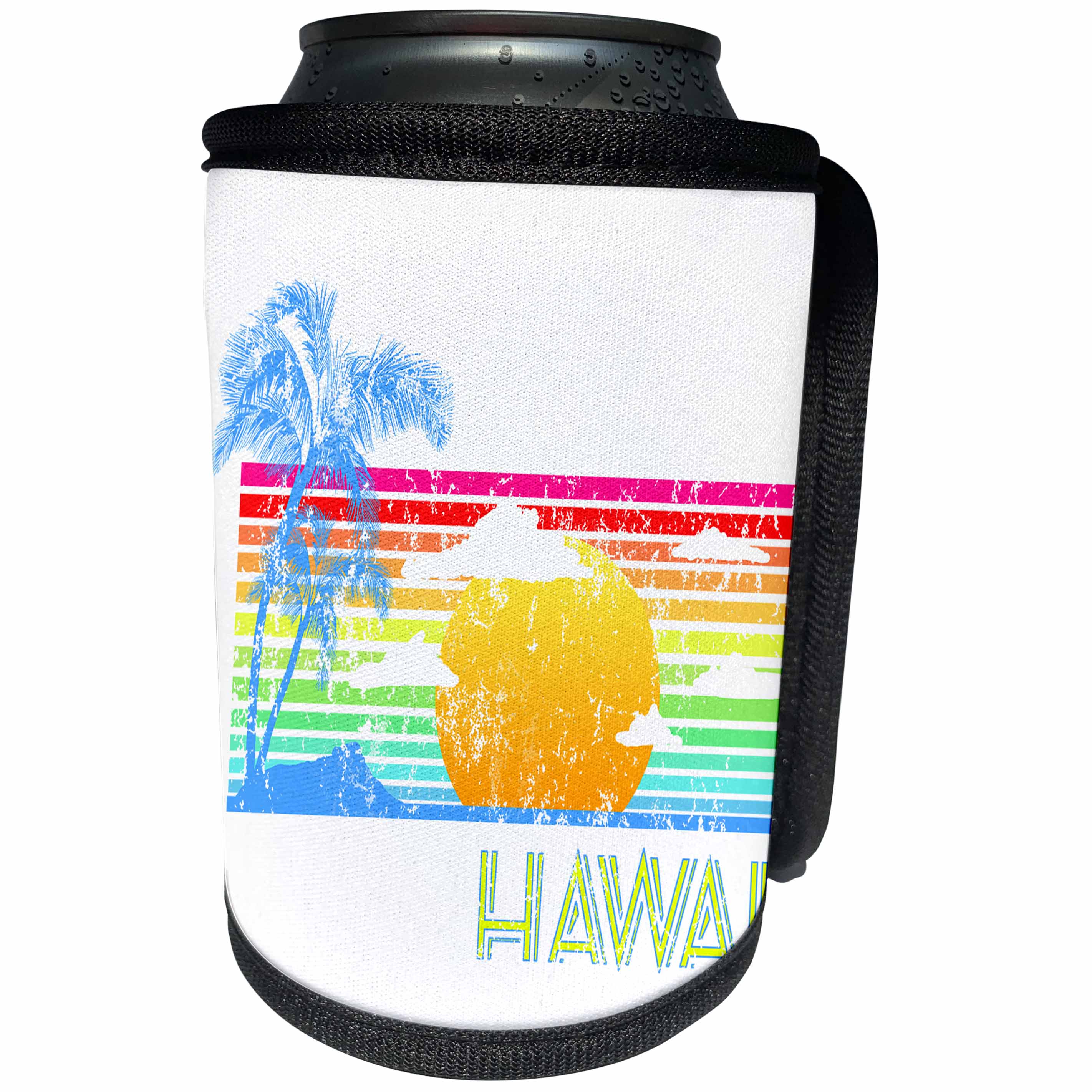 3dRose MacDonald Creative Studios – Hawaii - Retro 80s style colorful Hawaii design of a beach sunset. - Can Cooler Bottle Wrap (cc_291914)