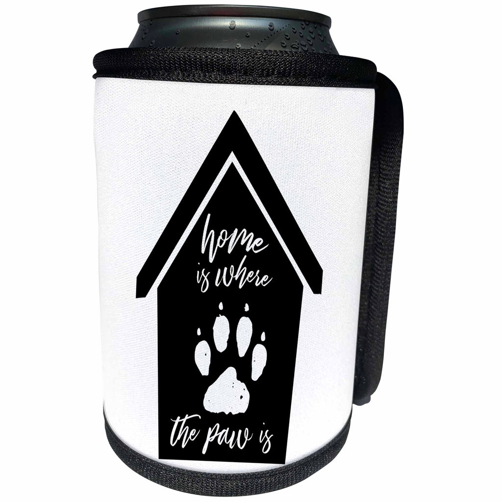 3dRose Becky Nimoy Stationery – Animals - Home is where the paw is inside a dog house silhouette with paw print - Can Cooler Bottle Wrap (cc_291917)