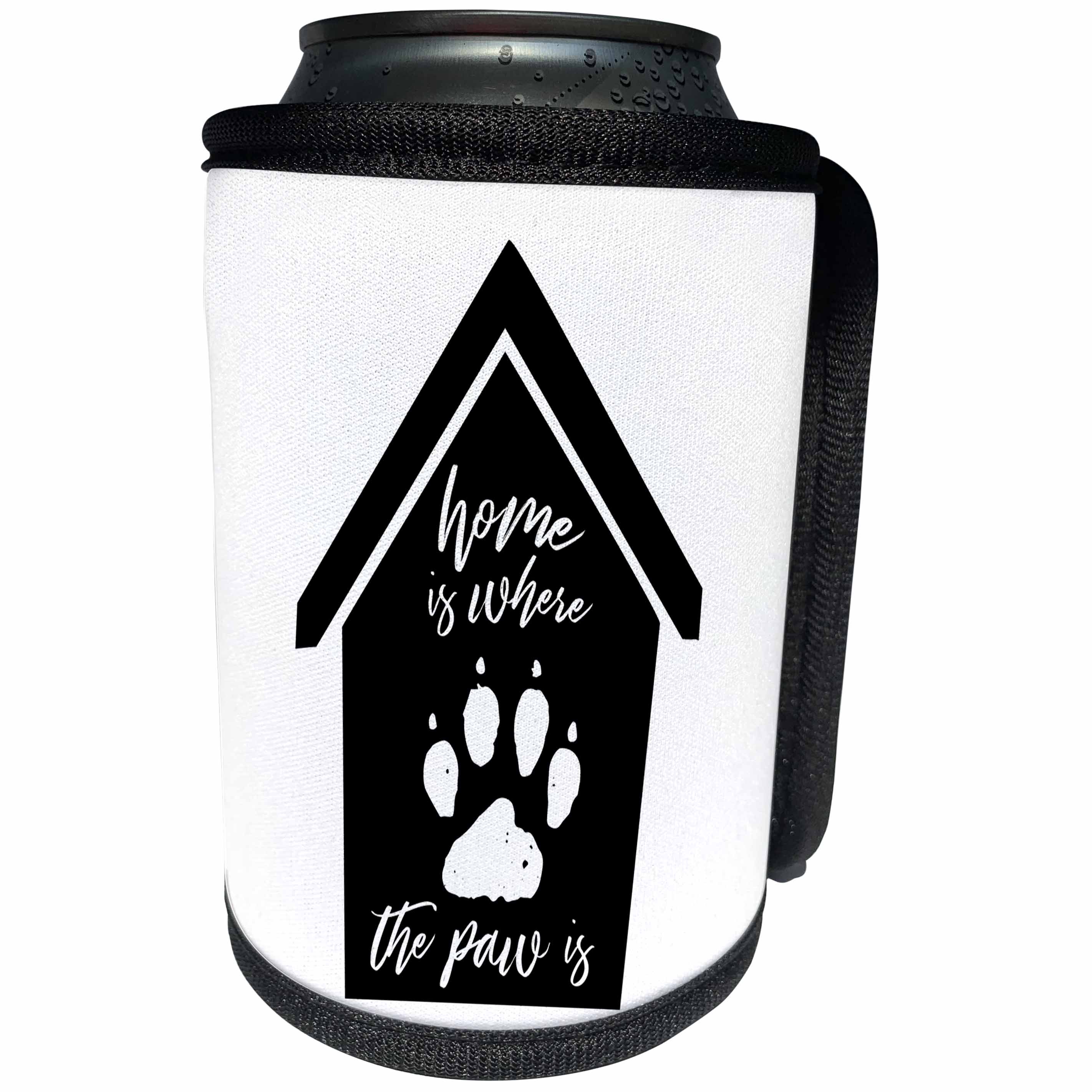 3dRose Becky Nimoy Stationery – Animals - Home is where the paw is inside a dog house silhouette with paw print - Can Cooler Bottle Wrap (cc_291917)