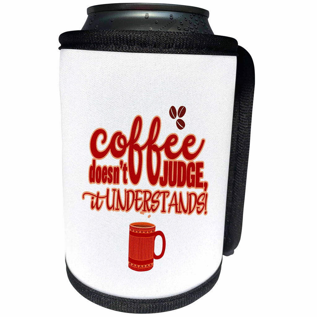 3dRose Uta Naumann Sayings and Typography - Watercolor Red Typography - Coffee Doesnt Judge It Understands - Can Cooler Bottle Wrap (cc_292145)