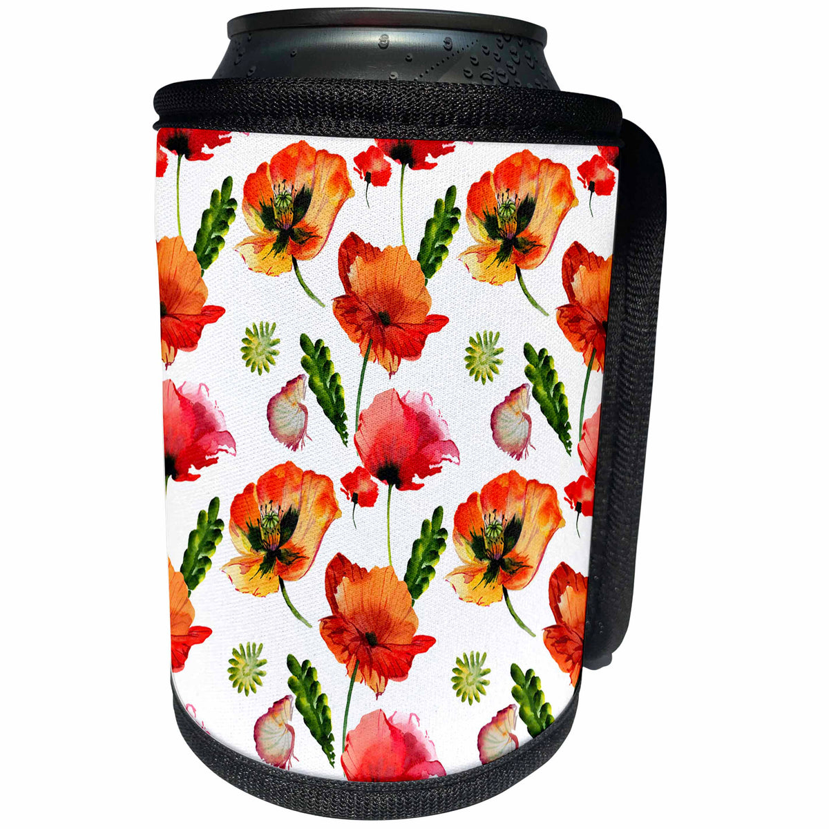 3dRose Uta Naumann Watercolor Pattern - Watercolor Poppy Blossoms Flower Floral Pattern on White - Can Cooler Bottle Wrap (cc_292164)