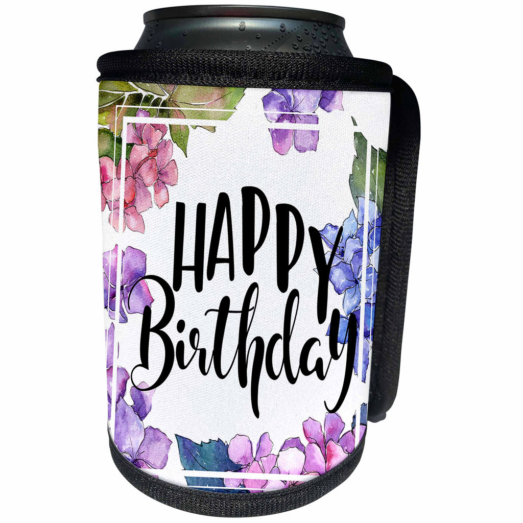 3dRose Uta Naumann Sayings and Typography - Watercolor Flower Hydrangea Illustration Typography - Happy Birthday - Can Cooler Bottle Wrap (cc_292170)