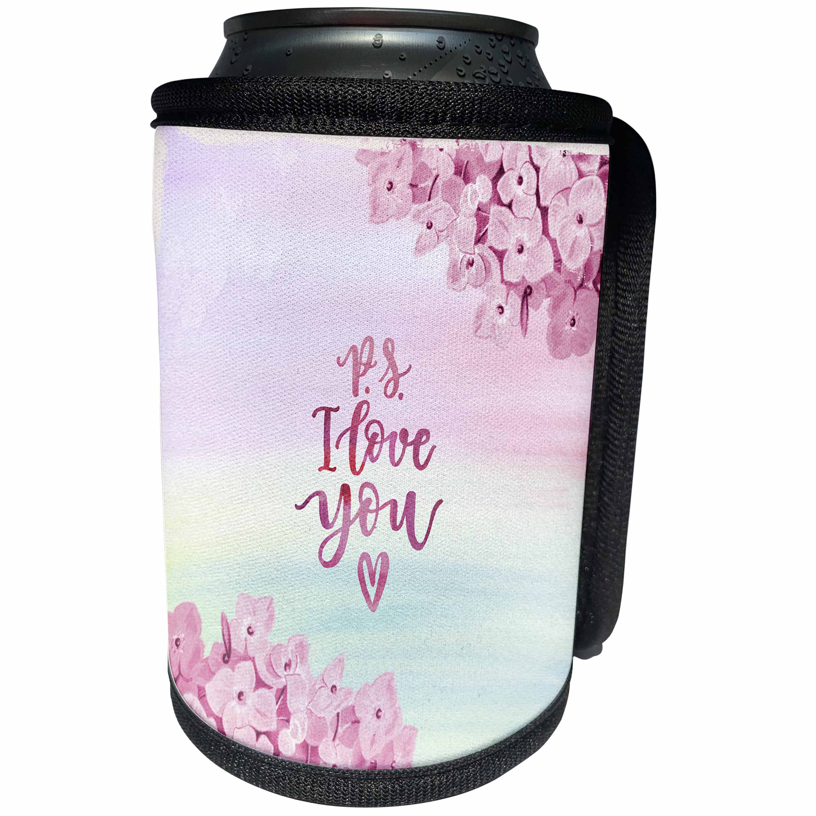 3dRose Uta Naumann Sayings and Typography - Watercolor Hydrangea Illustration Typography - I Love You - Can Cooler Bottle Wrap (cc_292174)