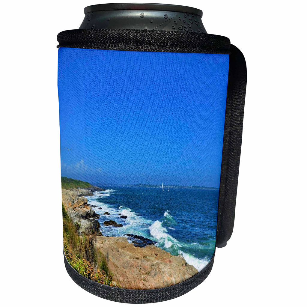 3dRose Dreamscapes by Leslie - Scenery - Beautiful rocky shore in Rhode Island with waves and sailboats - Can Cooler Bottle Wrap (cc_292258)