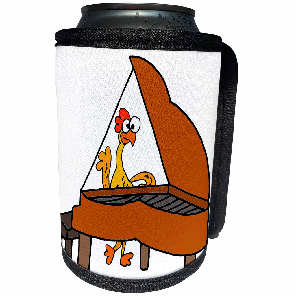 3dRose All Smiles Art - Music - Cute Funny Rubber Chicken Playing Piano Cartoon - Can Cooler Bottle Wrap (cc_292491)