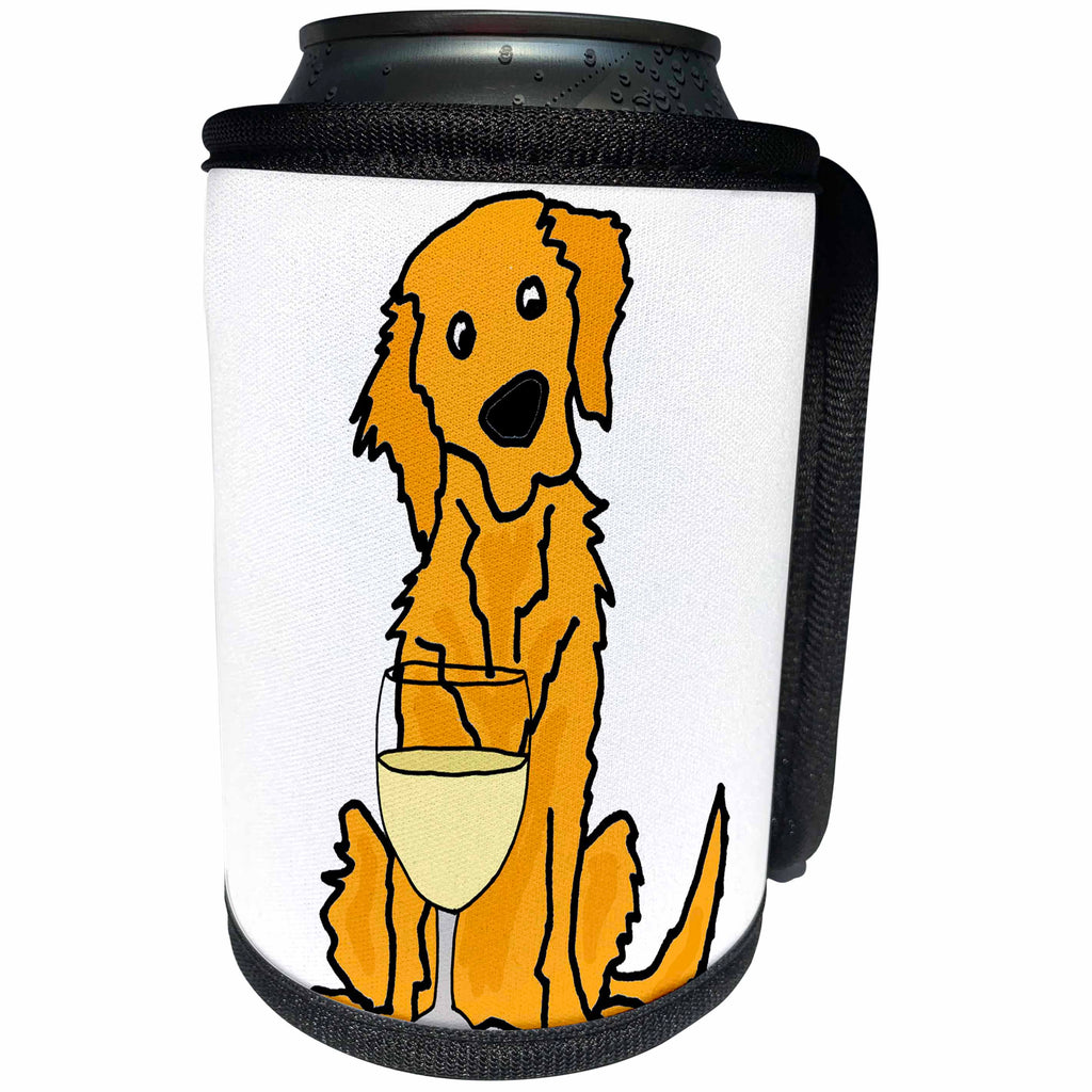 3dRose All Smiles Art - Pets - Cute Funny Golden Retriever Puppy Dog Drinking Wine - Can Cooler Bottle Wrap (cc_292508)