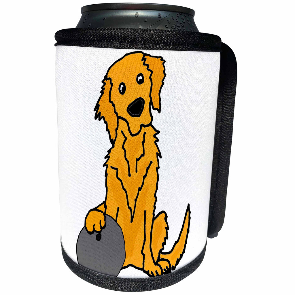 3dRose All Smiles Art - Pets - Cute Funny Golden Retriever Puppy Dog Bowling Cartoon - Can Cooler Bottle Wrap (cc_292510)