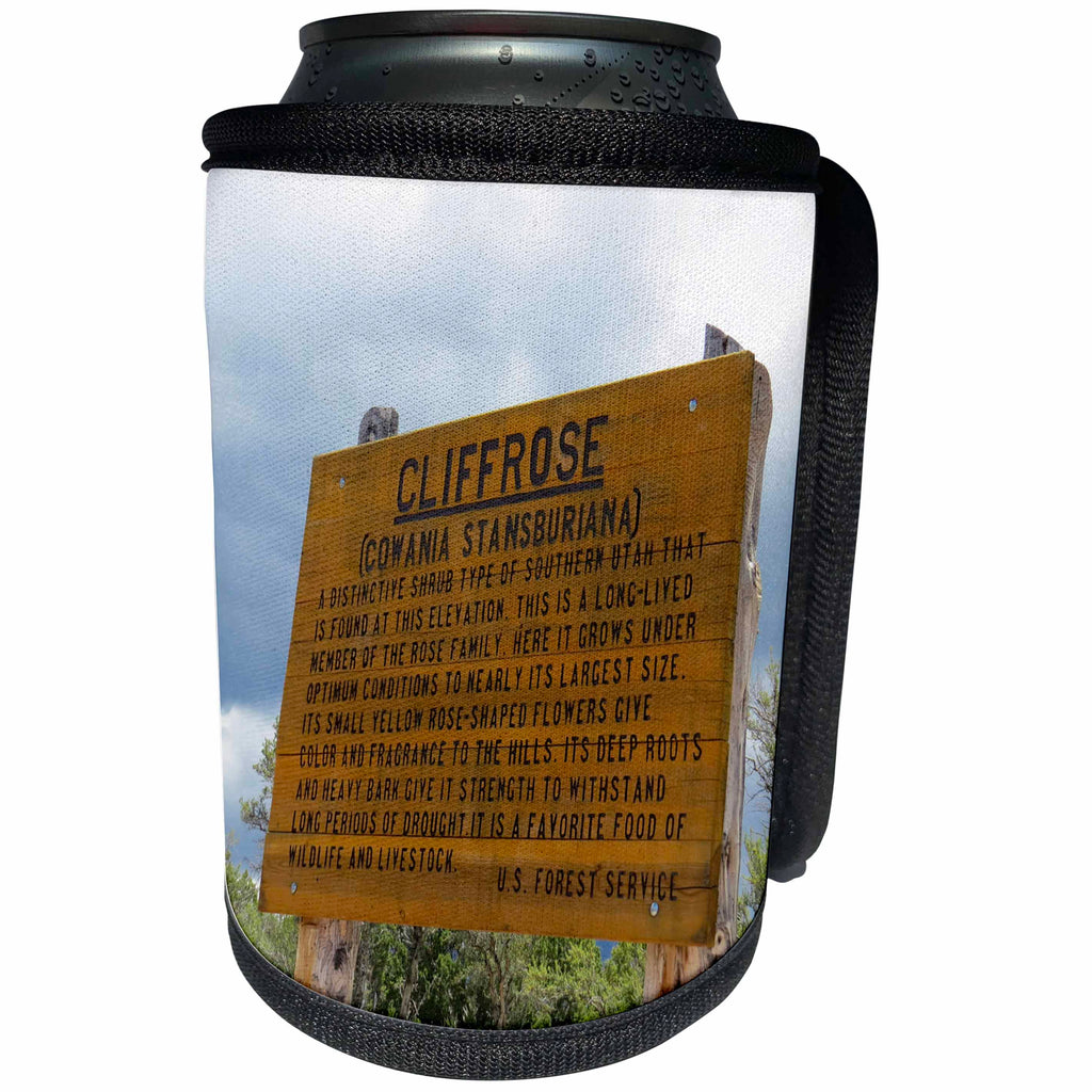 3dRose Jos Fauxtographee- Cliffrose Sign - A Cliffrose Sign in Pine Valley Utah Cowania Stansburiana - Can Cooler Bottle Wrap (cc_292569)