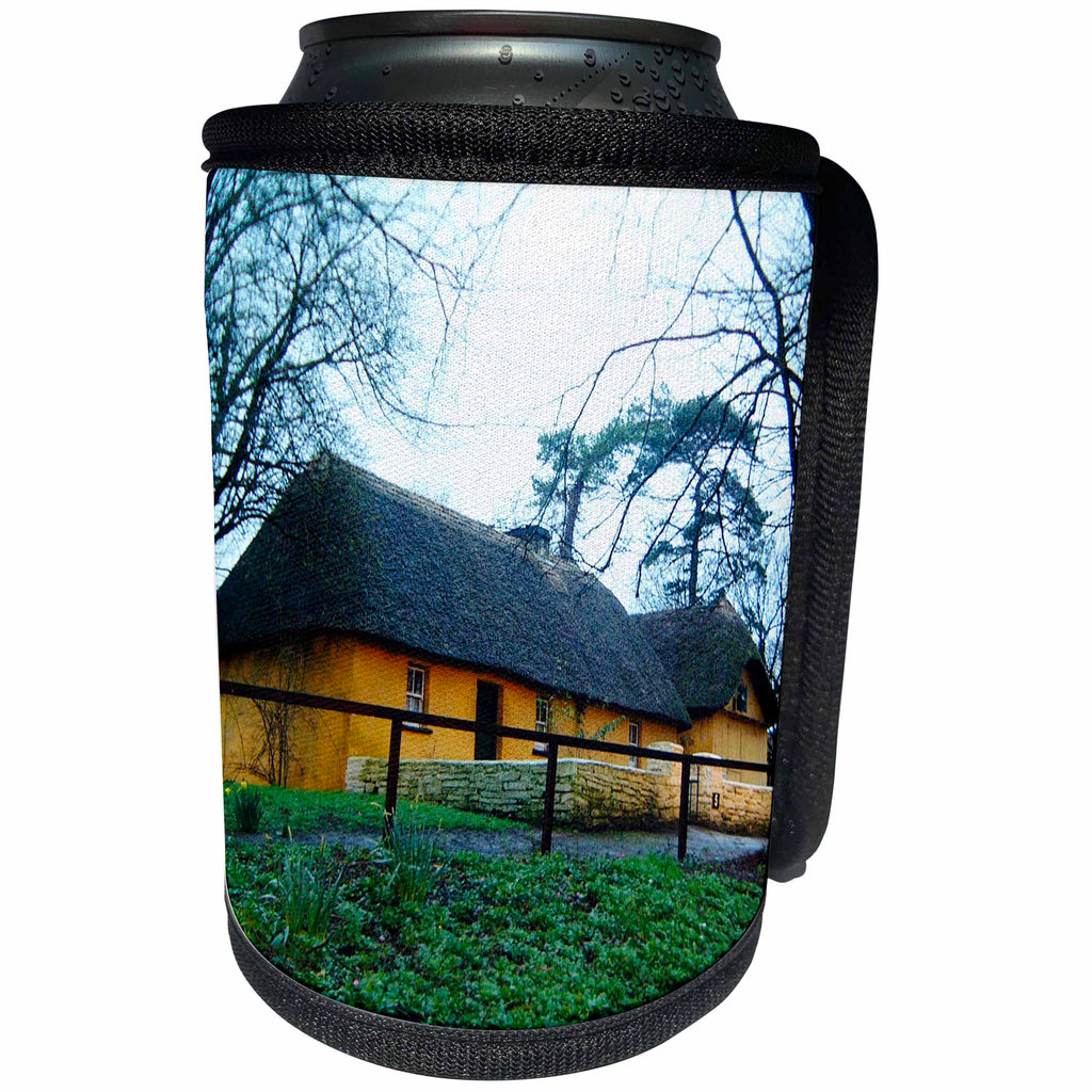 3dRose Jos Fauxtographee- Ireland Thatched Cottage Yellow - A thatched Roof Home with Yellow Sides and greenery in Ireland - Can Cooler Bottle Wrap (cc_292587)