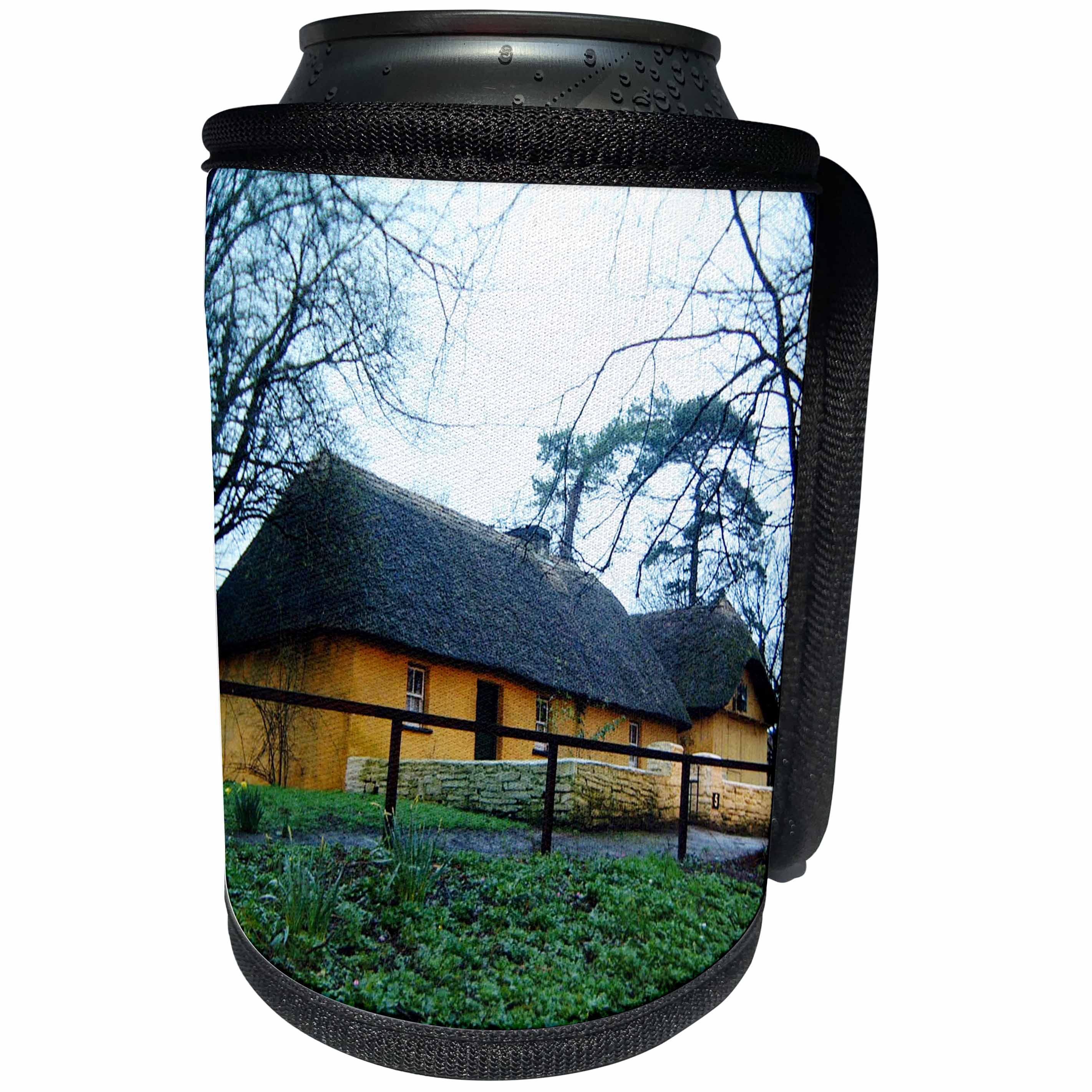 3dRose Jos Fauxtographee- Ireland Thatched Cottage Yellow - A thatched Roof Home with Yellow Sides and greenery in Ireland - Can Cooler Bottle Wrap (cc_292587)