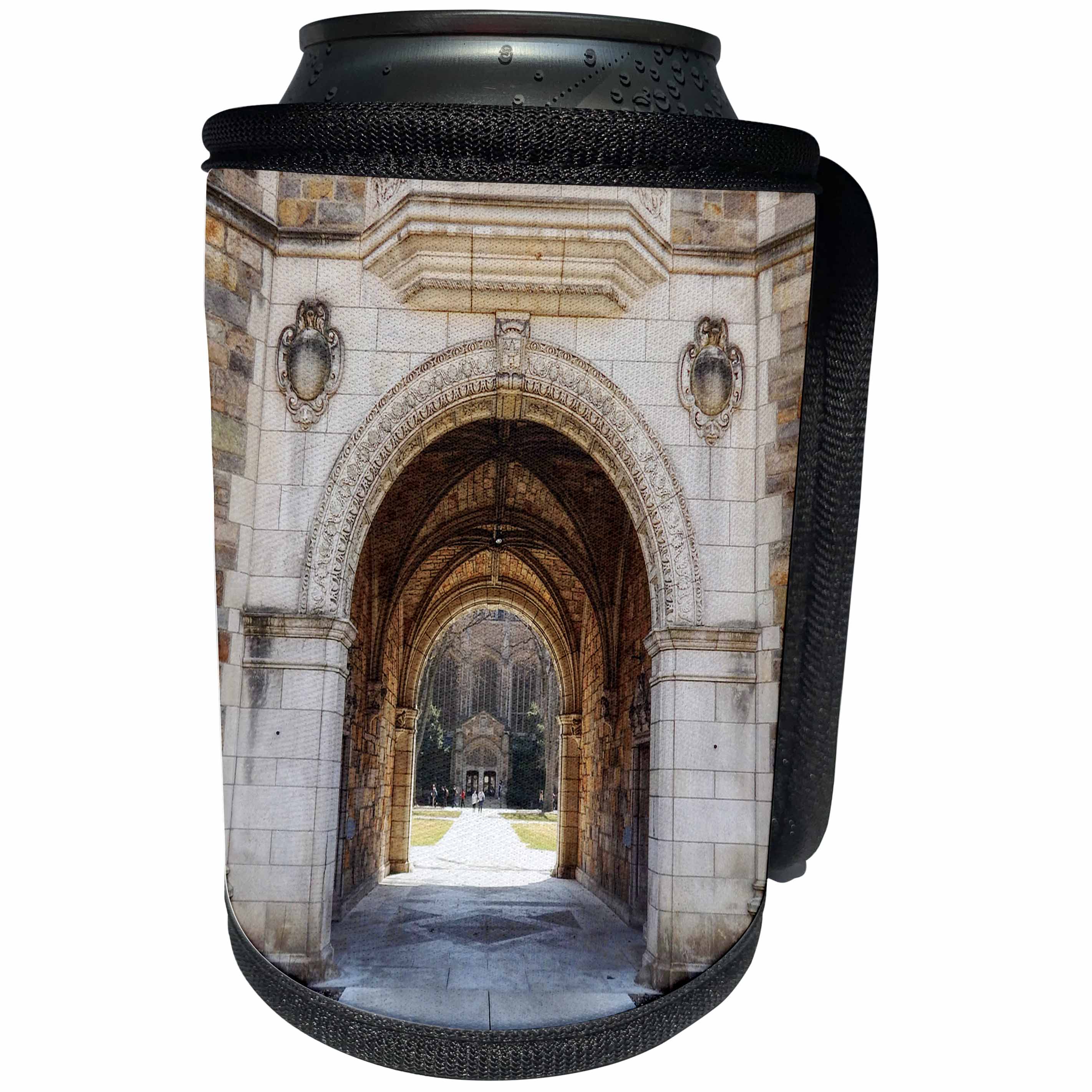 3dRose Perkins Designs - Cities And Structures - gothic architectural archway leads into open, grassy campus courtyard - Can Cooler Bottle Wrap (cc_292626)