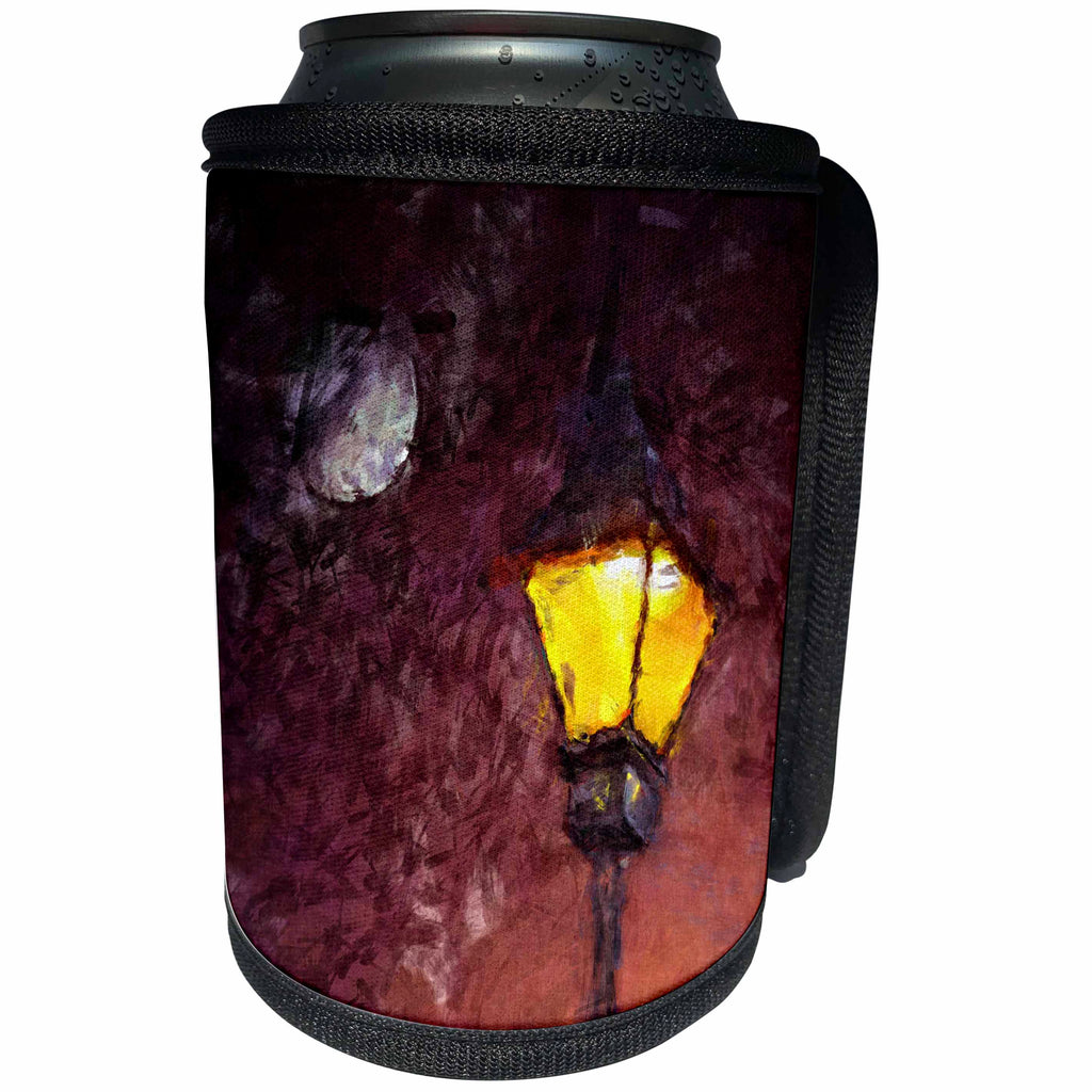 3dRose Perkins Designs - Cities And Structures - digital painting of bright lamp at night outdoors with full moon in sky - Can Cooler Bottle Wrap (cc_292633)