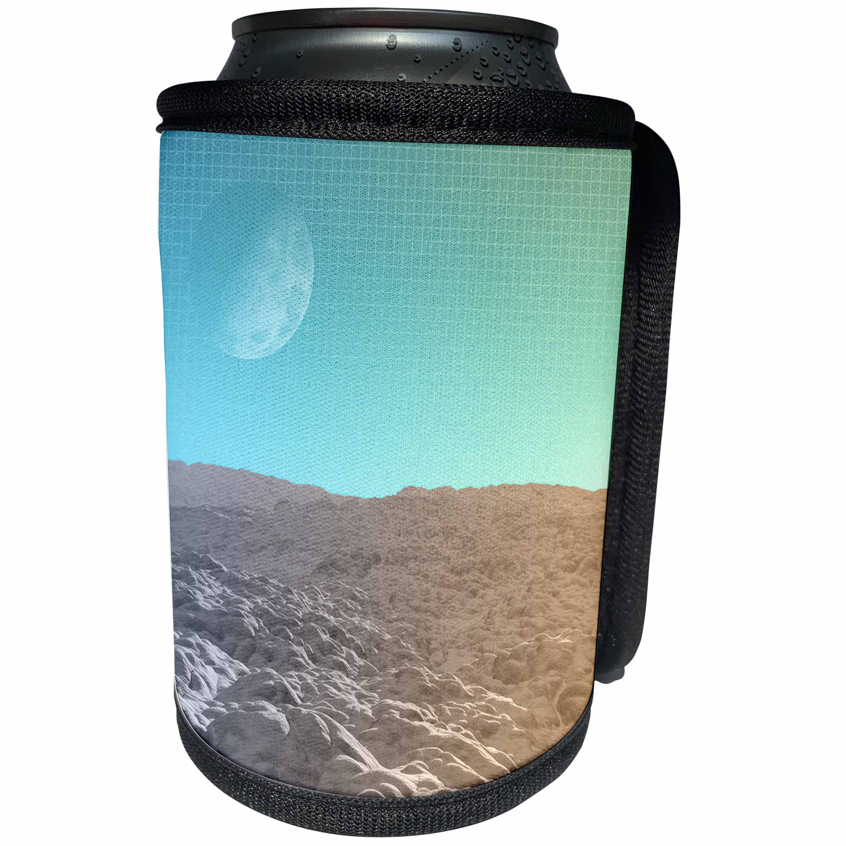 3dRose Perkins Designs - Space - bumpy sand mounds terrain with full moon, turquoise sky and graphic - Can Cooler Bottle Wrap (cc_292639)