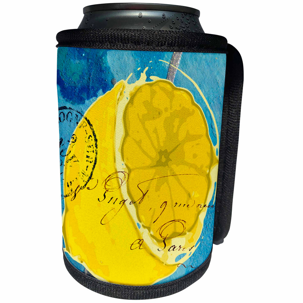 3dRose Cassie Peters Mixed Media - Lemon Mixed Media Collage - Can Cooler Bottle Wrap (cc_292663)