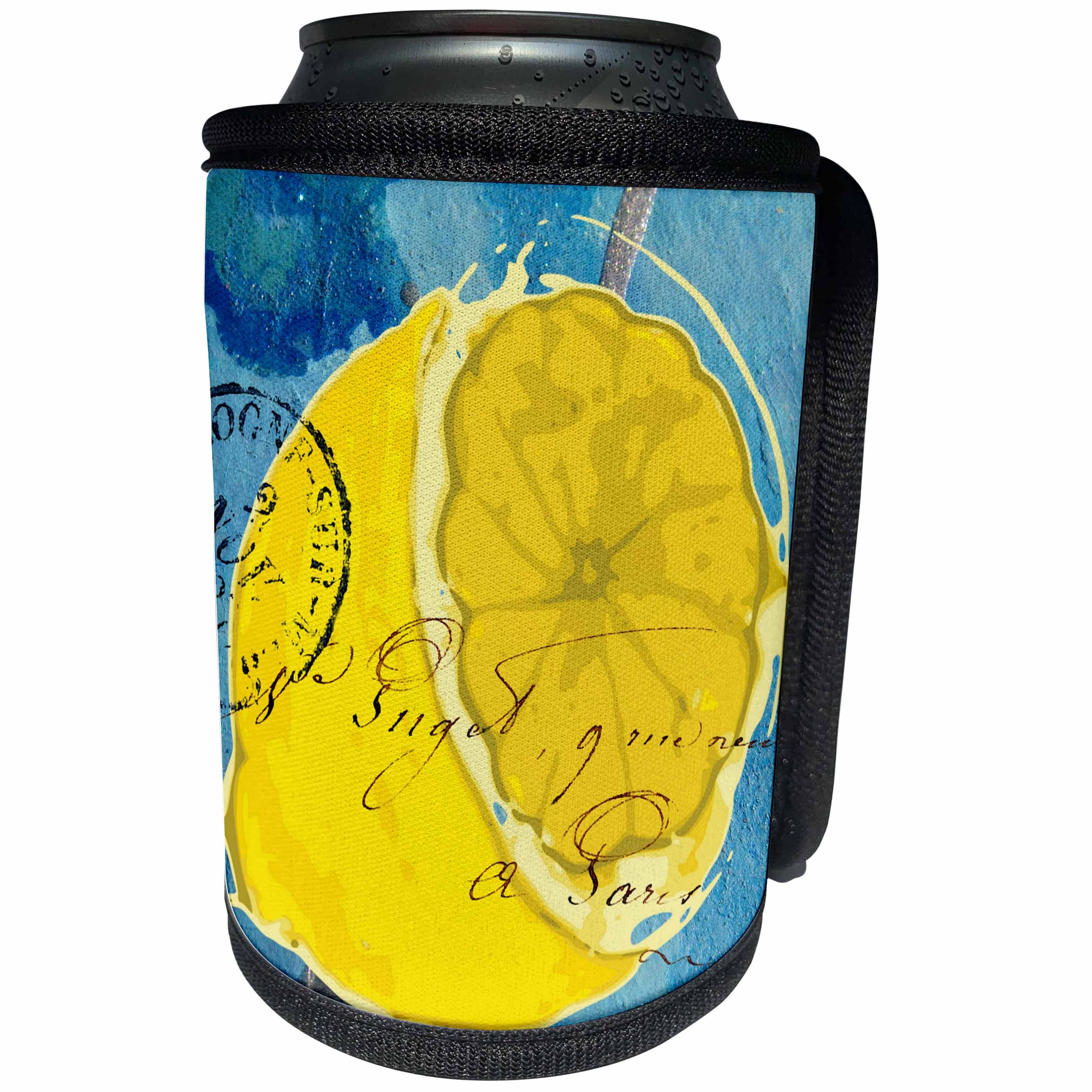 3dRose Cassie Peters Mixed Media - Lemon Mixed Media Collage - Can Cooler Bottle Wrap (cc_292663)