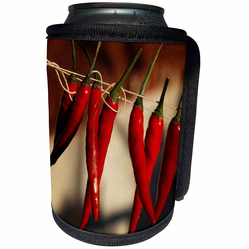 3dRose Alexis Photography - Food Chili Pepper - Red chili peppers hangs on a rope in a row - Can Cooler Bottle Wrap (cc_292855)
