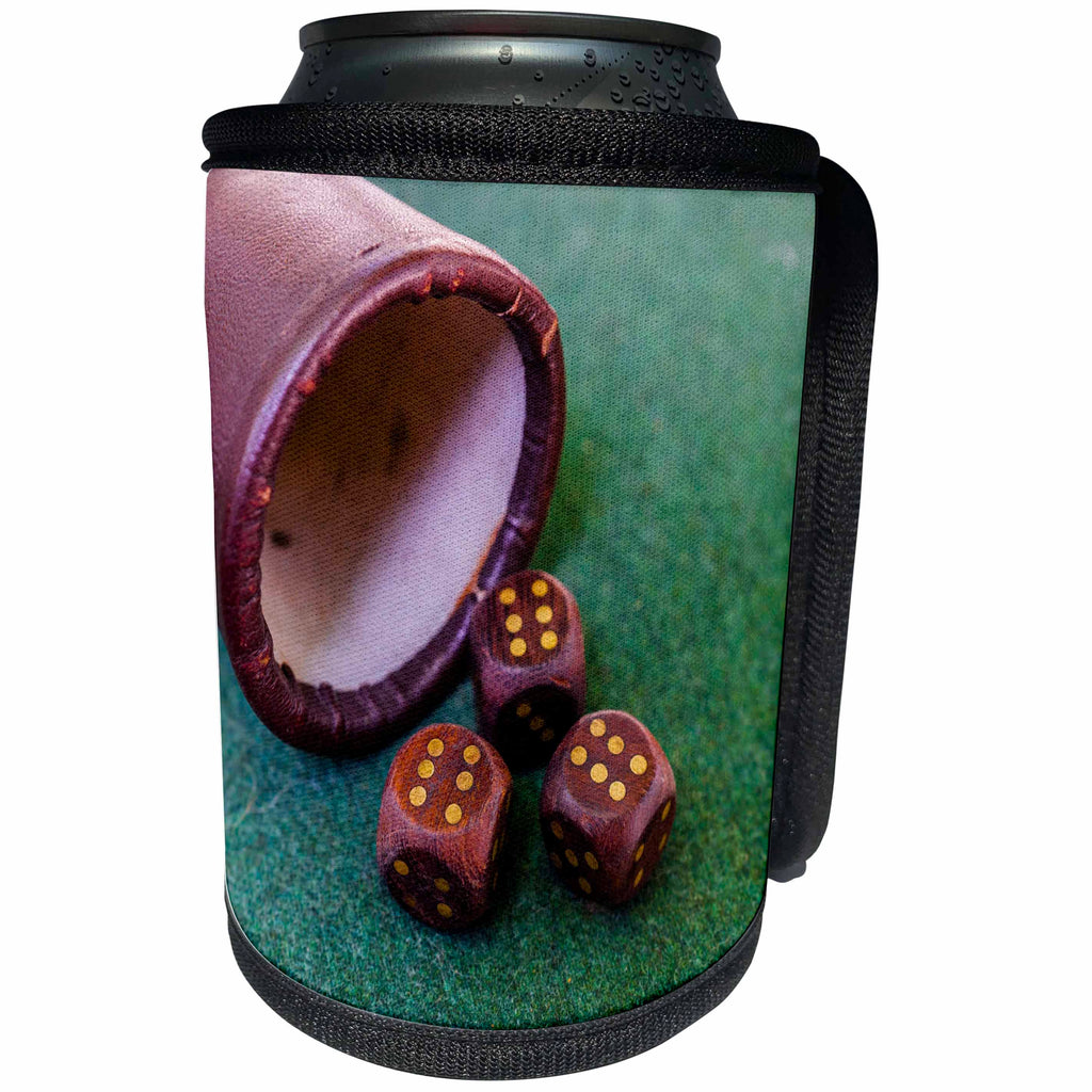 3dRose Alexis Photography - Still-Life - Image of a cup and three dices with six points each. Good luck - Can Cooler Bottle Wrap (cc_292867)