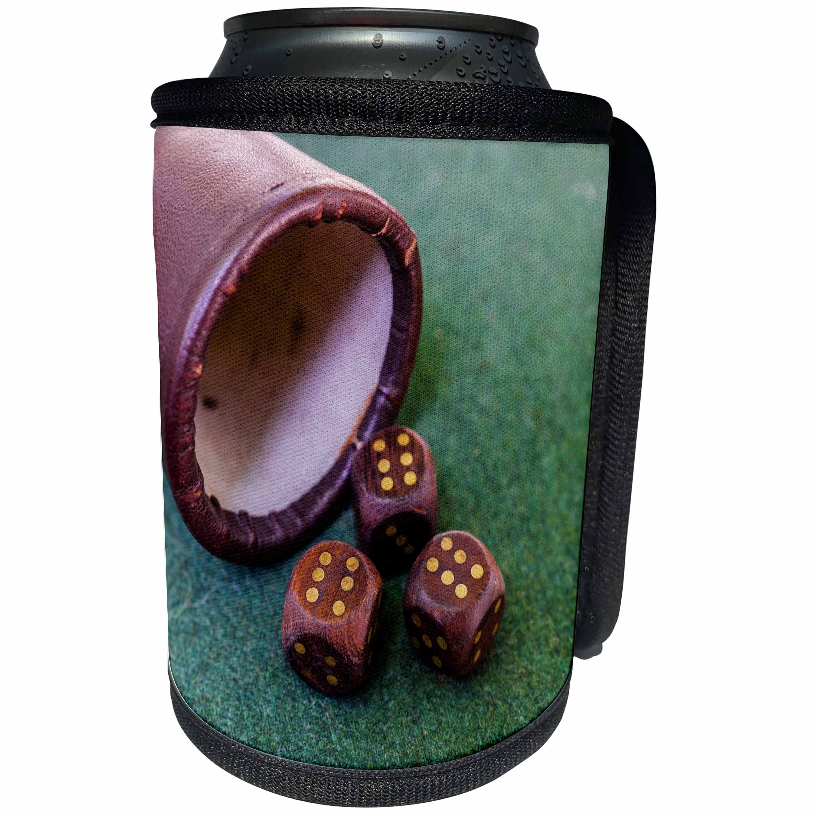 3dRose Alexis Photography - Still-Life - Image of a cup and three dices with six points each. Good luck - Can Cooler Bottle Wrap (cc_292867)