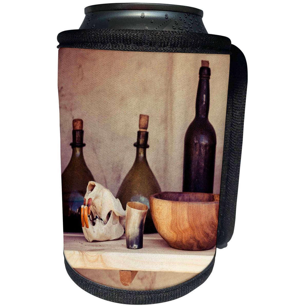 3dRose Alexis Photography - Still-Life - Still life of three vintage bottles, wooden bowl, animal skull - Can Cooler Bottle Wrap (cc_292870)