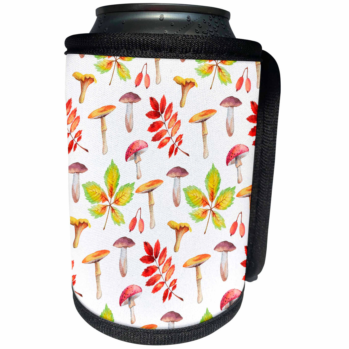 3dRose Alexis Design - Pattern Autumn - Colorful pattern of mushrooms and autumn leaves on white background - Can Cooler Bottle Wrap (cc_292879)