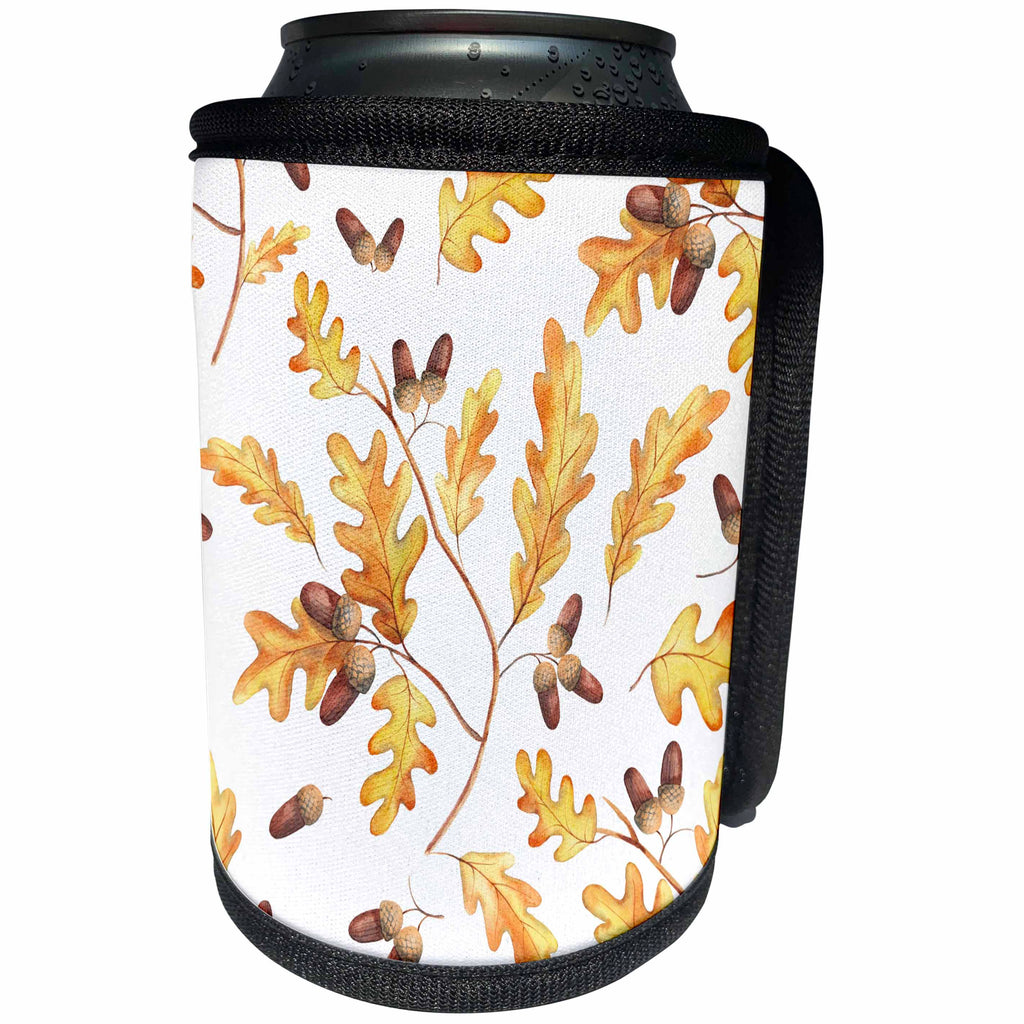 3dRose Alexis Design - Pattern Autumn - Beautiful pattern of oak leaves and acorns on white background - Can Cooler Bottle Wrap (cc_292881)
