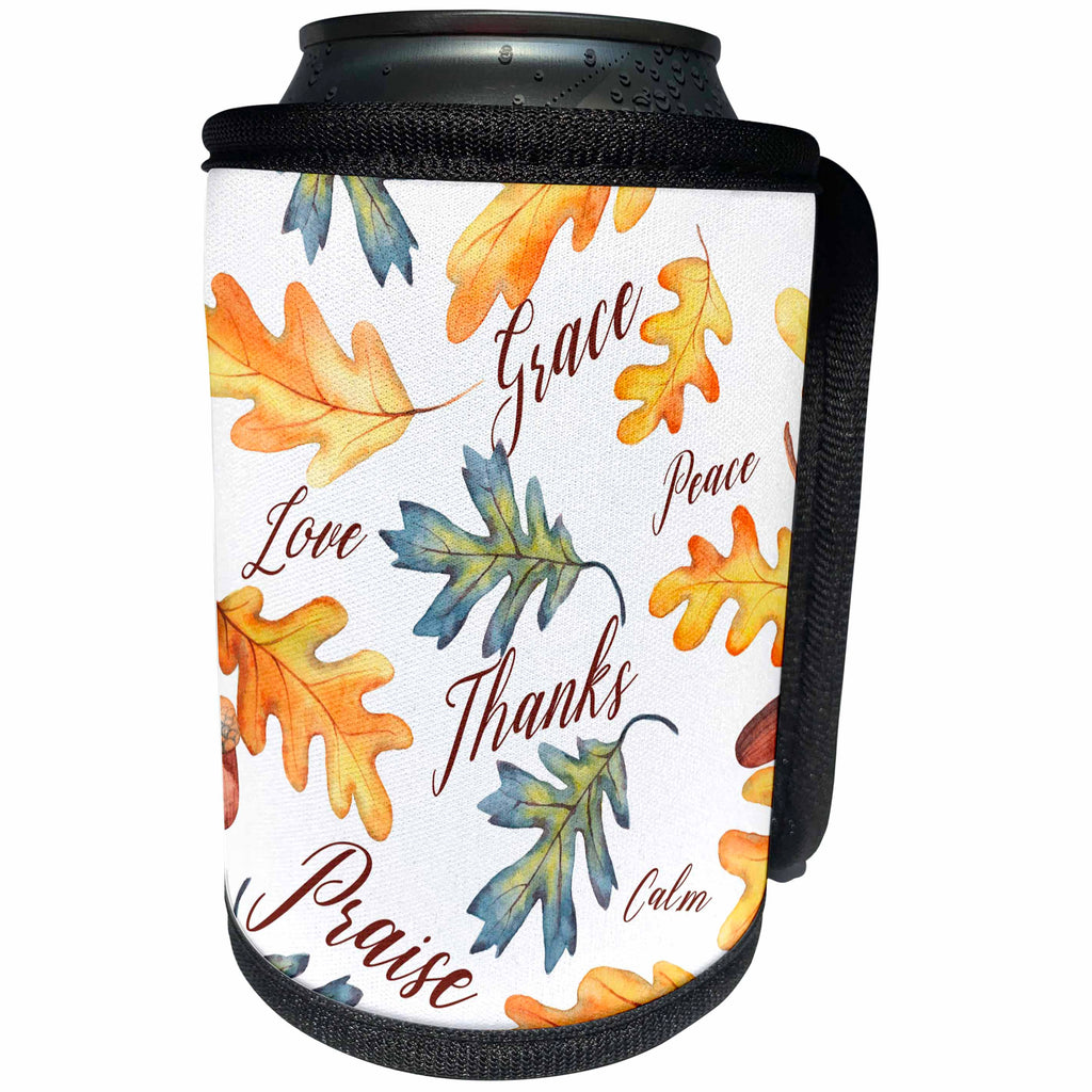 3dRose Alexis Design - Pattern Autumn - Pattern of oak leaves, acorns, words, Grace, Love, Thanks, Praise - Can Cooler Bottle Wrap (cc_292882)