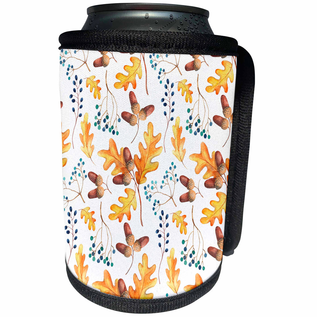 3dRose Alexis Design - Pattern Autumn - Autumnal pattern of oak leaves, acorns, blue berries on white - Can Cooler Bottle Wrap (cc_292884)