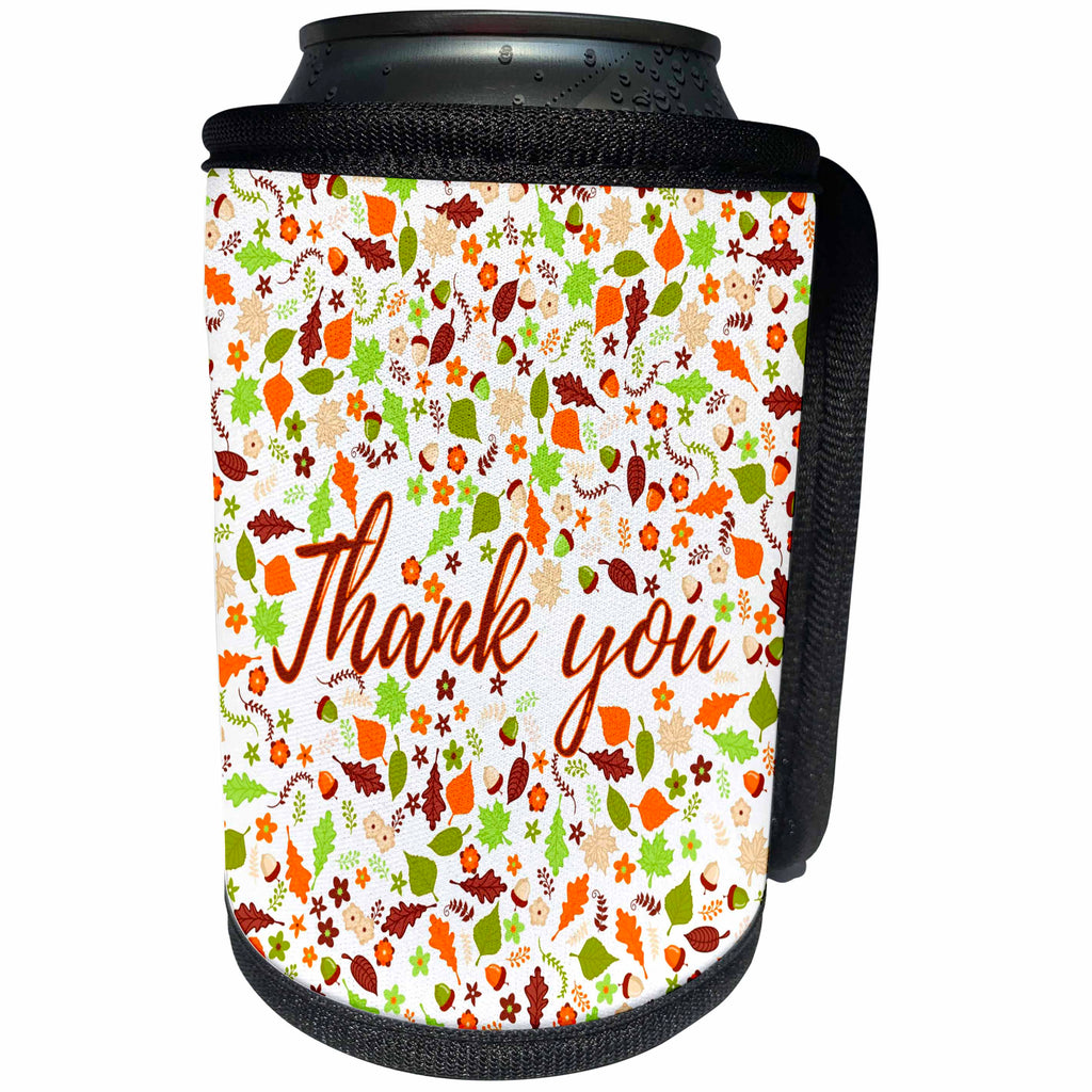 3dRose Alexis Design - Pattern Autumn - Cheerful autumnal pattern of leaves, acorns, text Thank you on white - Can Cooler Bottle Wrap (cc_292888)