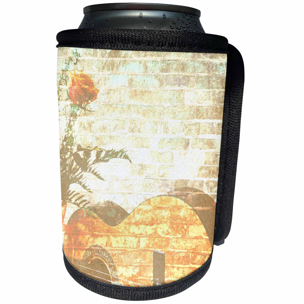 3dRose Patricia Sanders Creations - Peach Rose and Guitar Brick Art Music - Can Cooler Bottle Wrap (cc_29289)