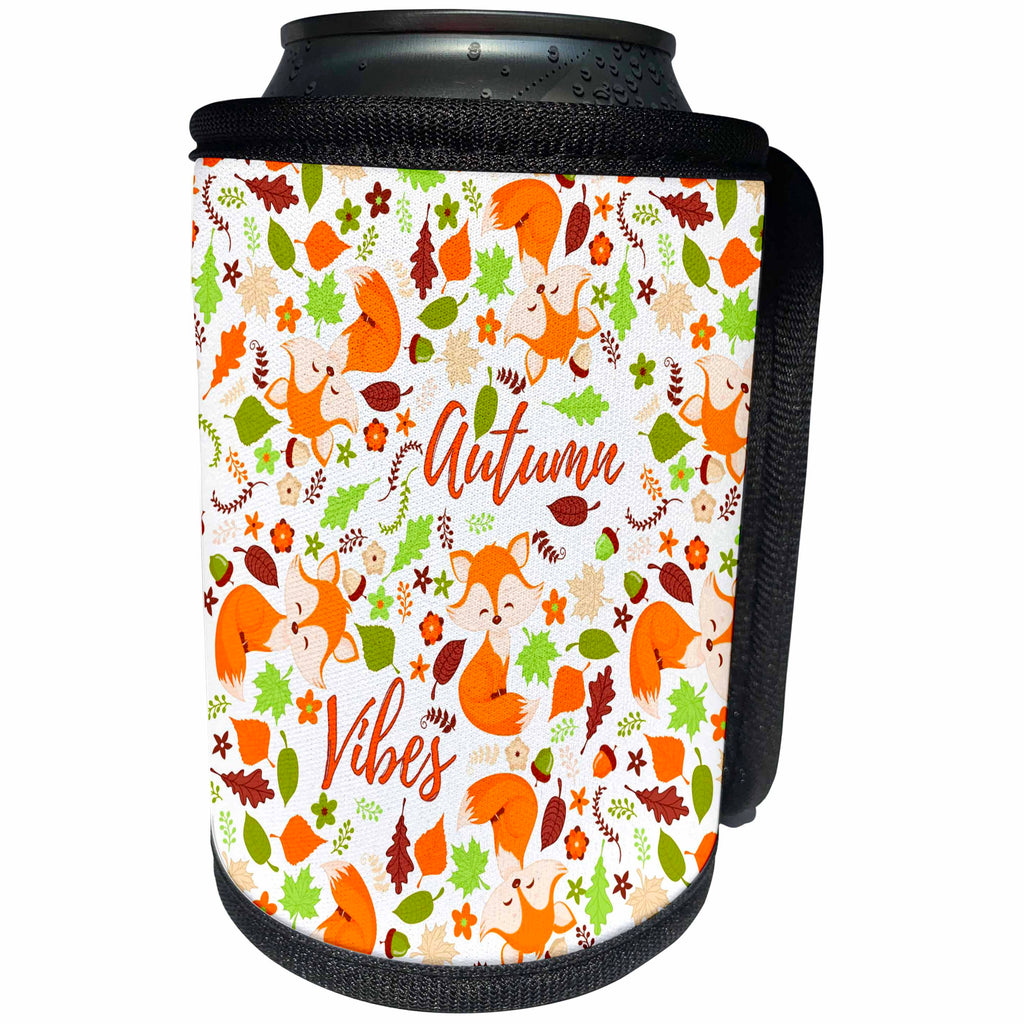 3dRose Alexis Design - Pattern Fox - Beautiful pattern of autumn leaves, orange foxes. Text Autumn Vibes - Can Cooler Bottle Wrap (cc_292890)