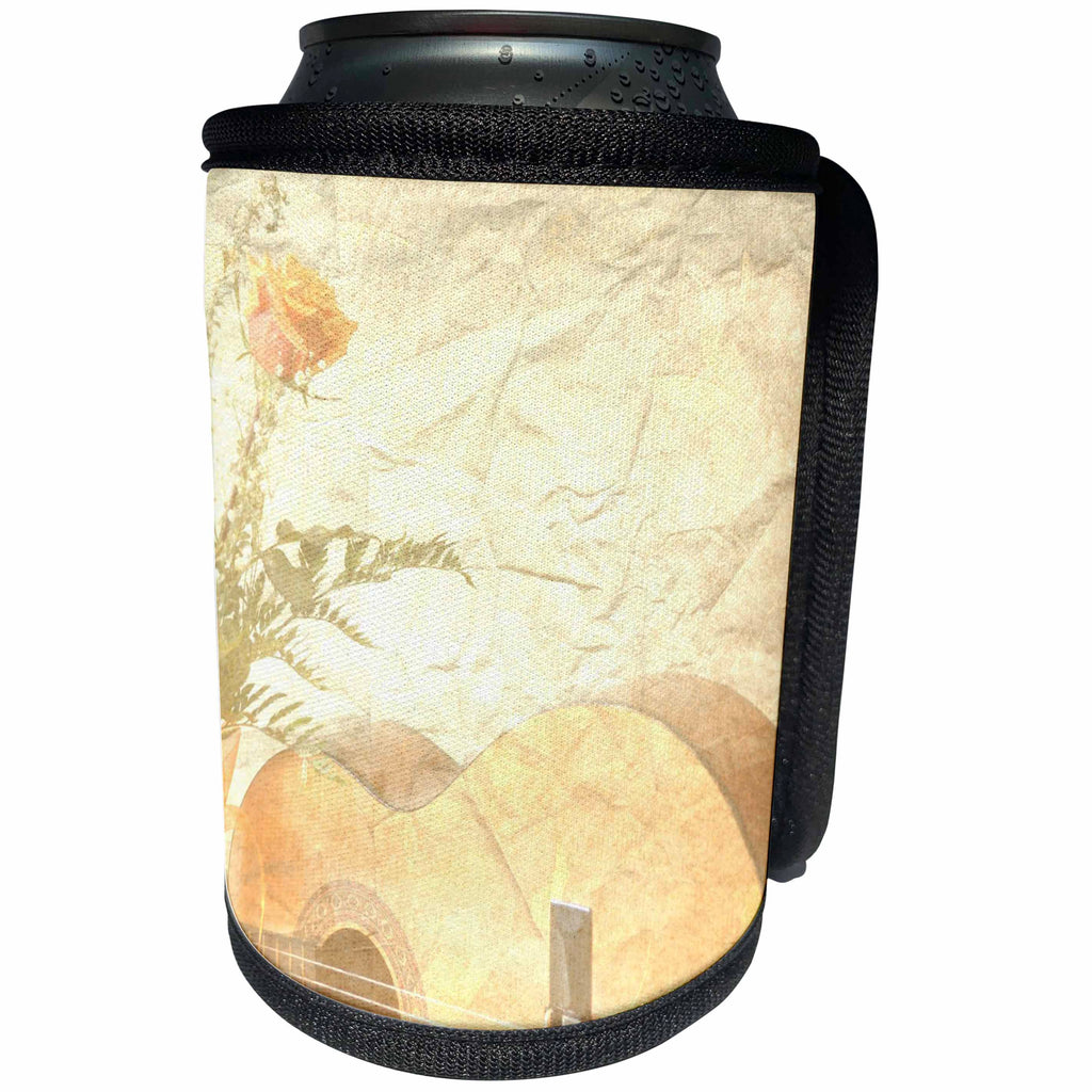 3dRose Patricia Sanders Creations - Vintage Peach Rose and Guitar Music - Can Cooler Bottle Wrap (cc_29290)