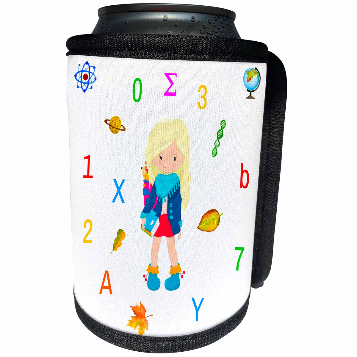 3dRose Alexis Design - Pattern Back To School - Elegant back to school scene of a girl, letters, numbers, symbols - Can Cooler Bottle Wrap (cc_292907)