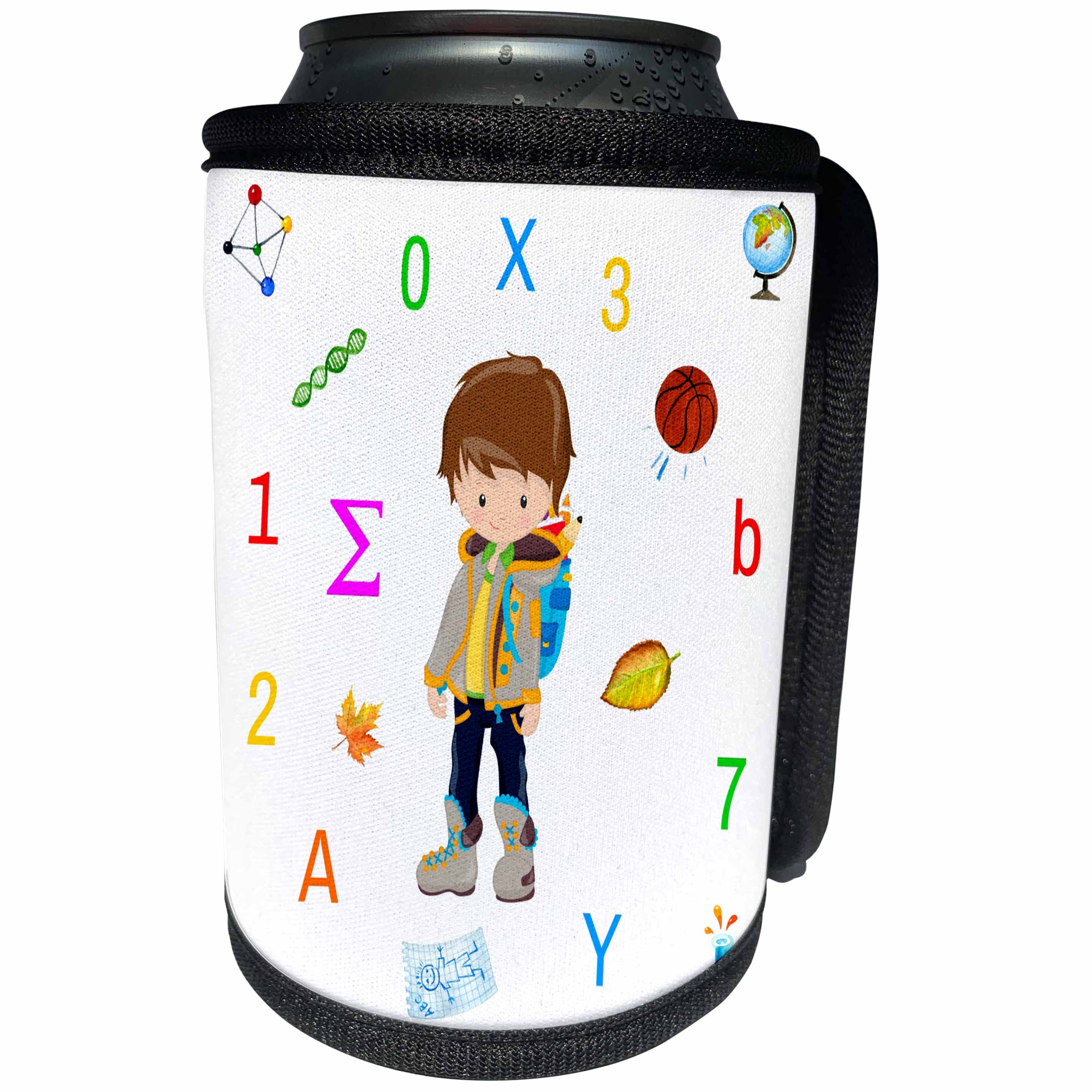 3dRose Alexis Design - Pattern Back To School - Funny back to school scene of a boy, letters, numbers, symbols - Can Cooler Bottle Wrap (cc_292908)
