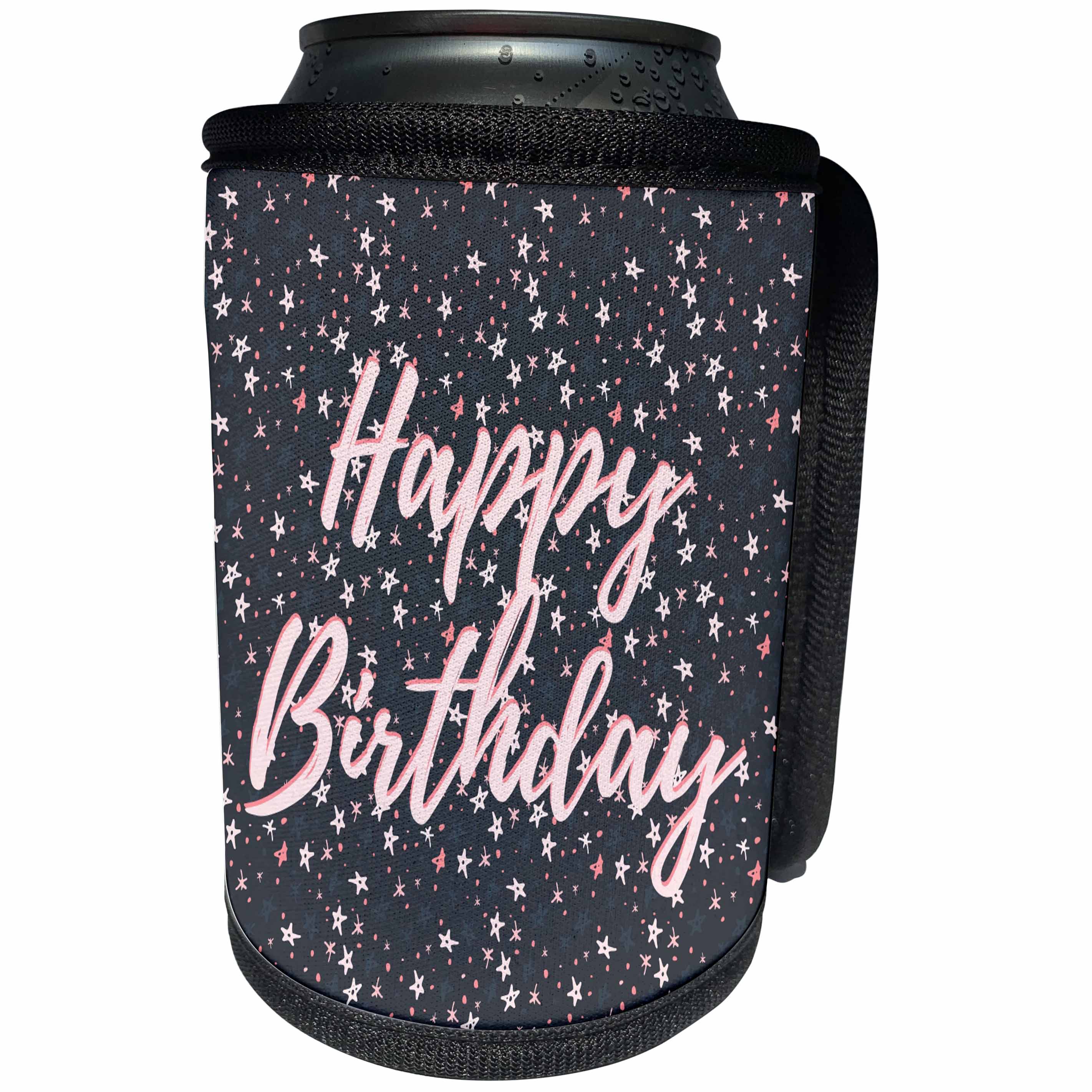 3dRose Alexis Design - Happy Birthday - Starry night Happy Birthday patter of pink, grey, black color - Can Cooler Bottle Wrap (cc_292914)