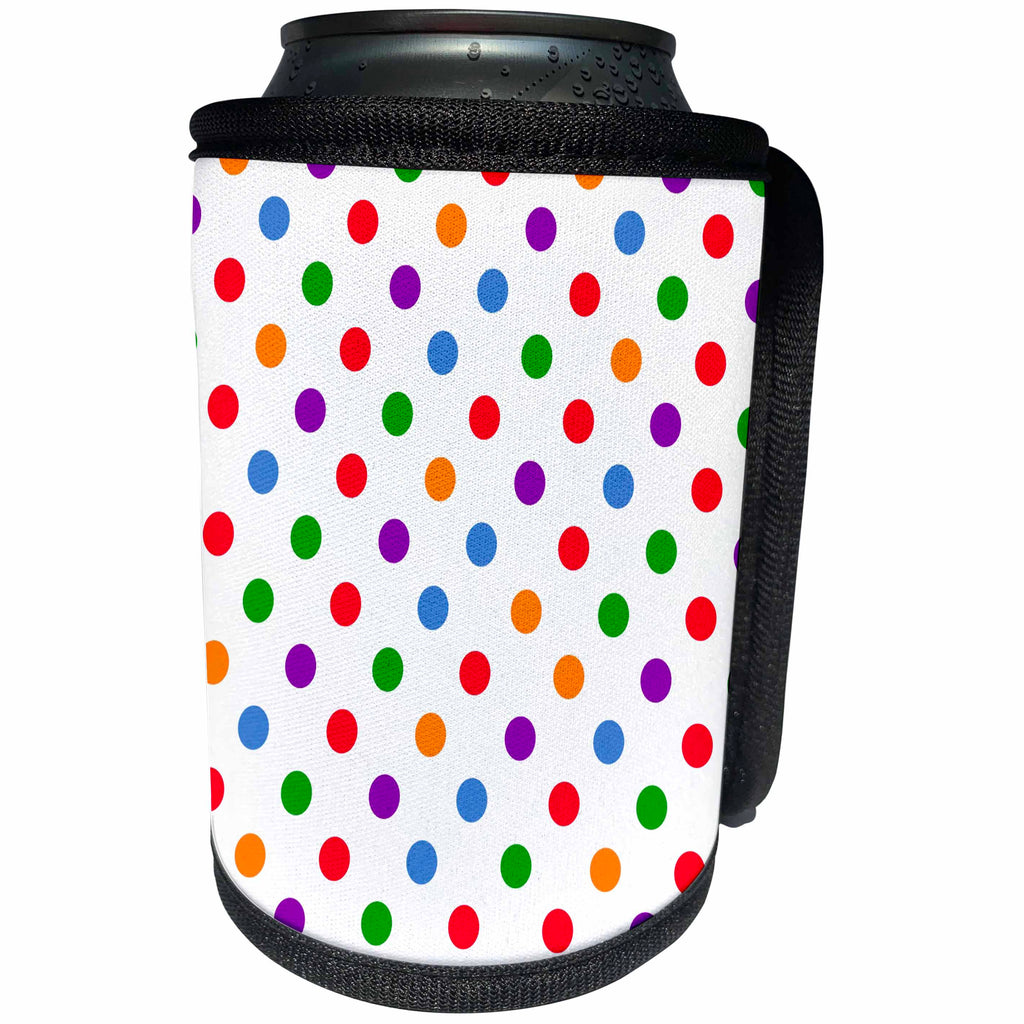 3dRose Alexis Design - Pattern Dot Line Chevron - Polka dot pattern of red, blue, gray, orange, purple dots on white - Can Cooler Bottle Wrap (cc_292918)