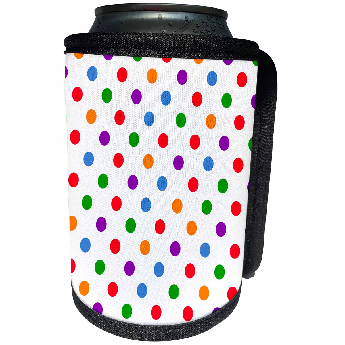 3dRose Alexis Design - Pattern Dot Line Chevron - Polka dot pattern of red, blue, gray, orange, purple dots on white - Can Cooler Bottle Wrap (cc_292918)