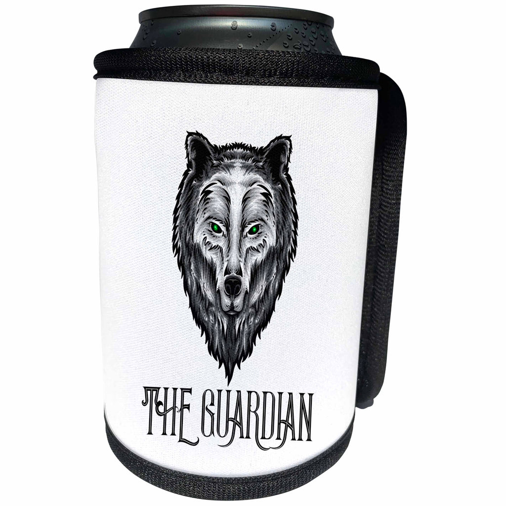 3dRose Alexis Design - Mystic - Wolf face drawing. A text The guardian on white. Mystical animal - Can Cooler Bottle Wrap (cc_292925)